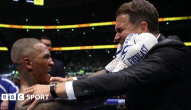 Conor Benn and Eddie Hearn celebrate after the former's win against Chris Eubank Jr