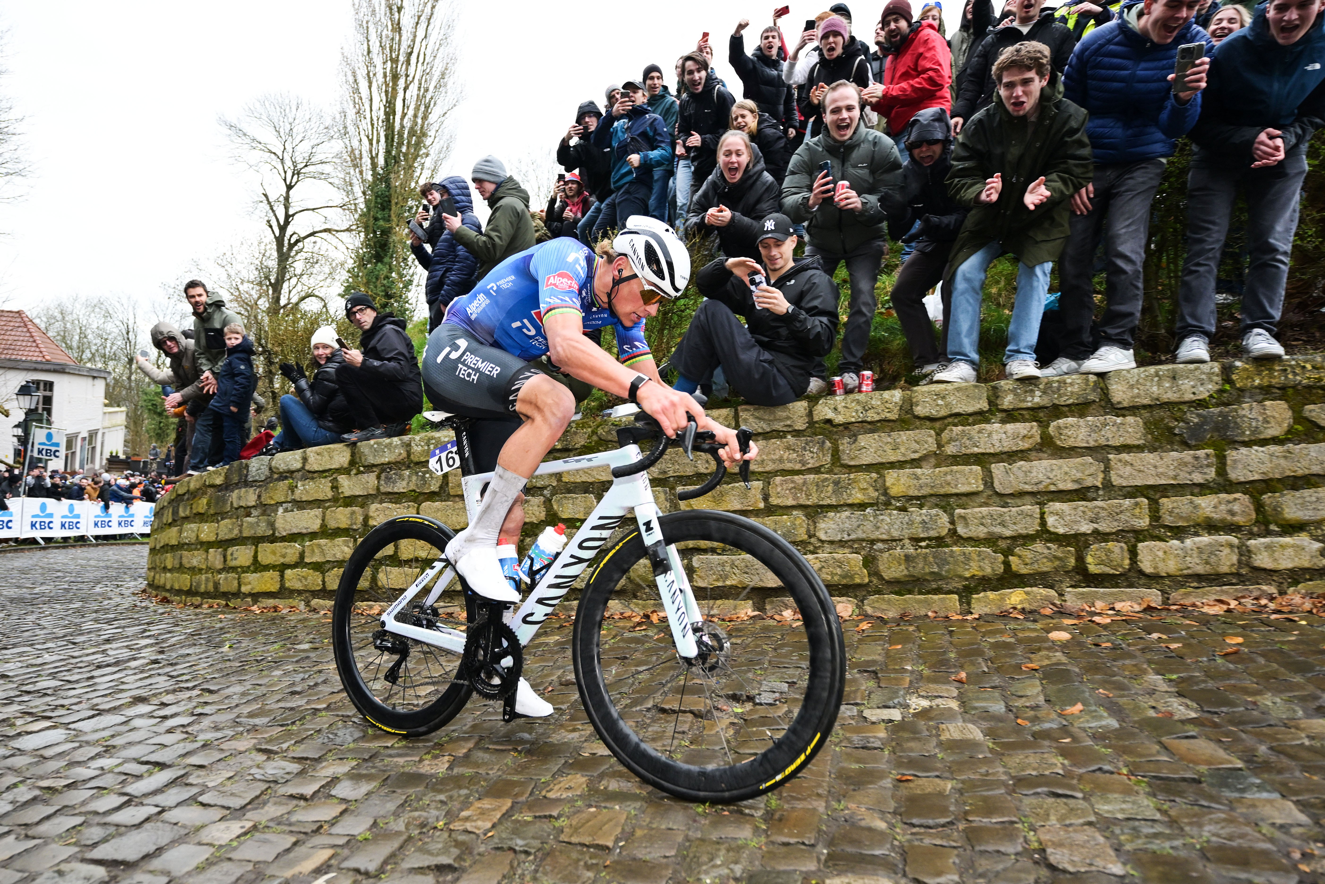 Dutch Mathieu van der Poel of Alpecin-Premier Tech pictured on the Kapelmuur in Geraardsbergen, during the 81st edition of the men's one-day cycling race Omloop Het Nieuwsblad (UCI World Tour), the opening race of the Flemish one-day classics season, 207,6 km from Gent to Ninove, Saturday 28 February 2026. BELGA PHOTO DAVID PINTENS (Photo by DAVID PINTENS / BELGA MAG / Belga / AFP via Getty Images)