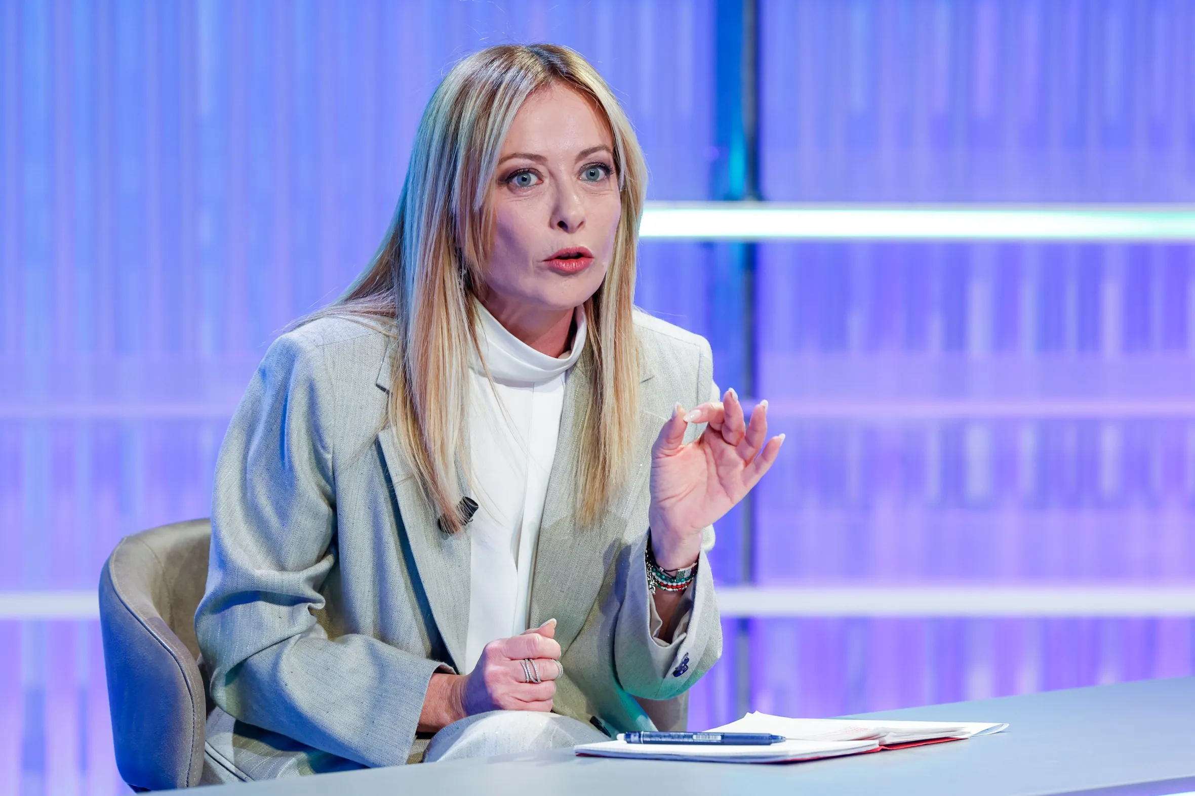 Giorgia Meloni, Italy's Prime Minister, gestures while speaking in a TV studio for the LA7 TG Special: Referendum.