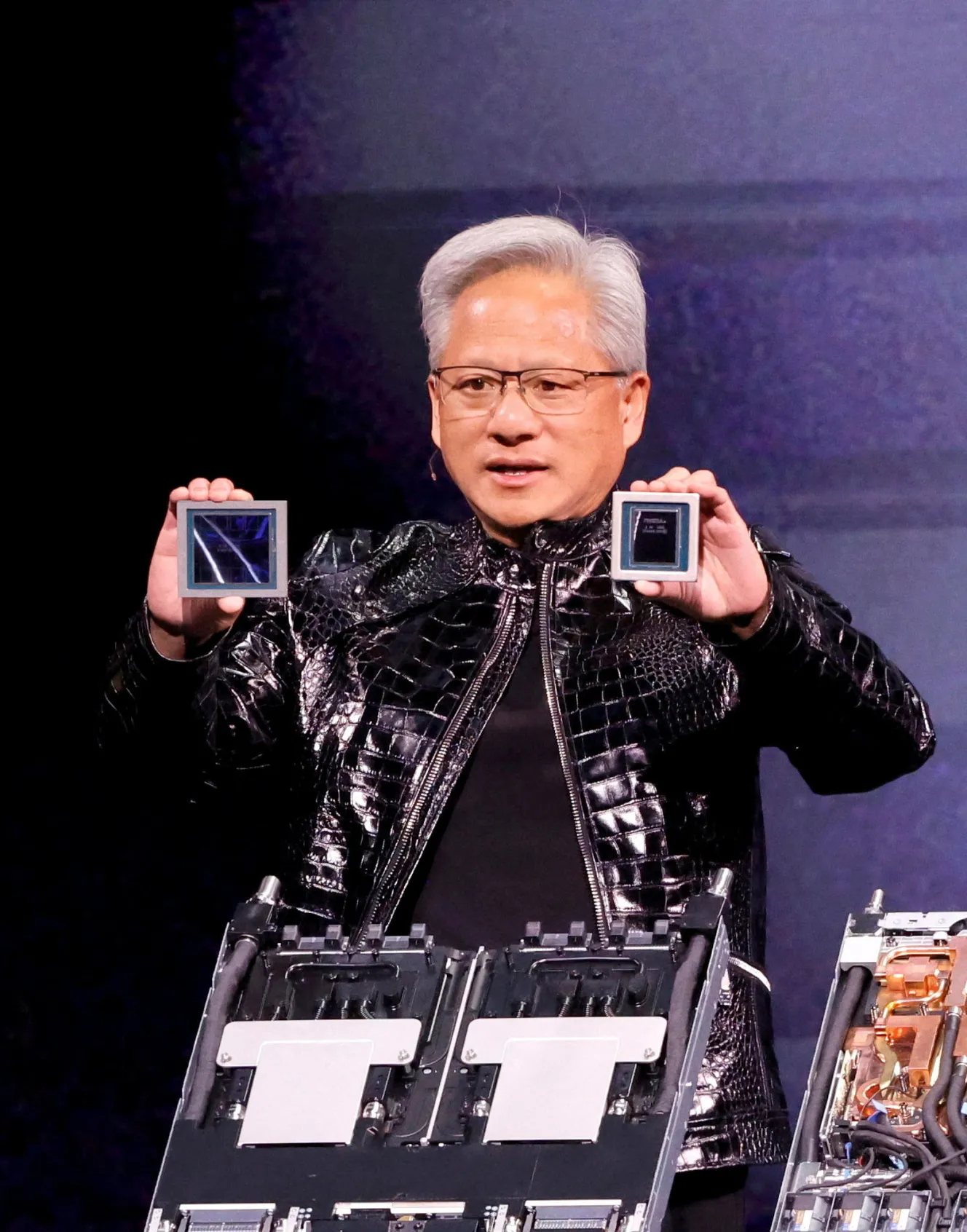 Nvidia CEO Jensen Huang holding a Rubin GPU and a Vera CPU.