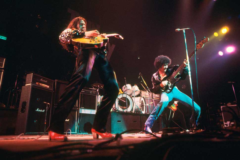Gary Moore and Phil Lynott onstage with Thin Lizzy in February 1977