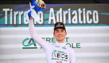 LIDO DI CAMAIORE, ITALY - MARCH 09: Magnus Sheffield of United States and Team INEOS Grenadiers celebrates at podium as White best young jersey winner during the 61st Tirreno-Adriatico 2026, Stage 1 a 11.5km individual time trial stage from Lido di Camaiore to Lido di Camaiore / #UCIWT / on March 09, 2026 in Lido di Camaiore, Italy. (Photo by Tim de Waele/Getty Images)