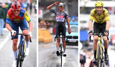 A split image showing Mads Pedersen on the left, Mathieu van der Poel in the middle, and Christophe Laporte on the right
