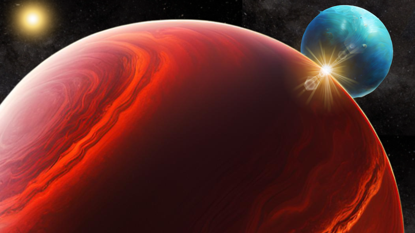 a large red orb streaked with wavy lines of lighter reds, with a smaller blue-green orb nearby on a starry background