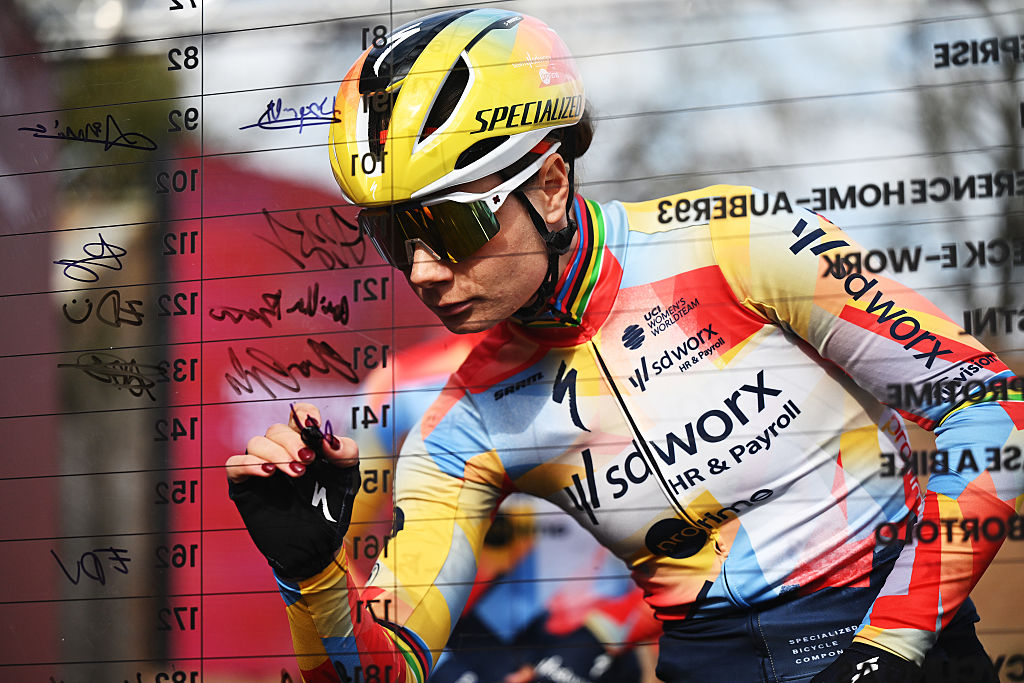 SIENA, ITALY - MARCH 07: Lotte Kopecky of Belgium and Team SD Worx - Protime signing prior to the 12th Strade Bianche Donne 2026 a 133km one day race from Siena to Siena / #UCIWWT / on March 07, 2026 in Siena, Italy. (Photo by Luc Claessen/Getty Images)