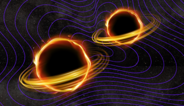 An illustration of colliding black holes setting the fabric of space ringing with gravitational waves.