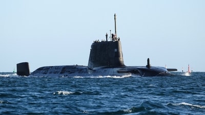 This handout image taken and released by the United Kingdom's Ministry of Defence on February 22, 2026 shows the HMS Anson submarine in transit as it travels to HMAS Stirling, a base in Stirling, Western Australia, near the city of Perth. (AFP)
