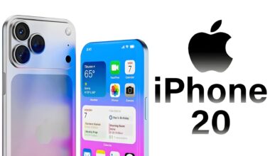 A conceptual design of the Apple iPhone 20 showcasing a triple camera setup and a display with 'Tiburon,' '65°,' and app icons for FaceTime, Calendar, Photos, and Camera.