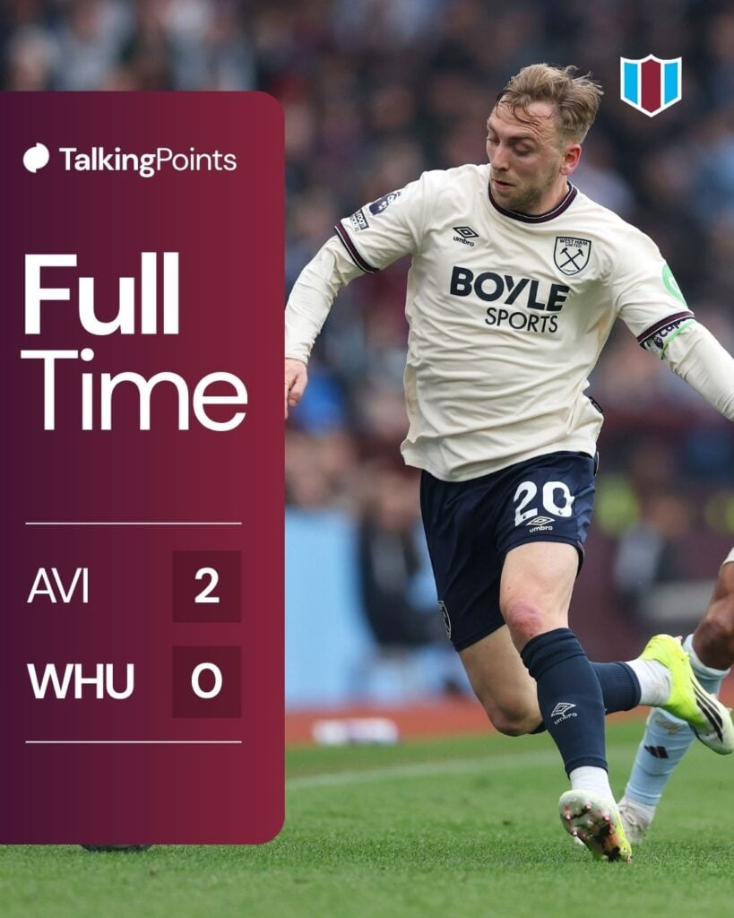 Jarrod Bowen of West Ham United runs with the ball under pressure from Ollie Watkins of Aston Villa during the Premier League match between Aston Villa and West Ham United at Villa Park on March 22, 2026 in Birmingham, England.
