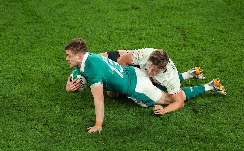 Ireland's Garry Ringrose is tackled by Wales' Alex Mann. Photograph: Inpho