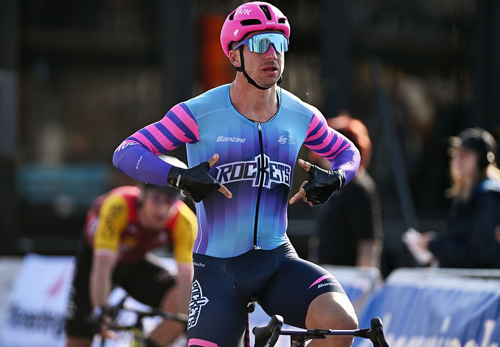ROESELARE - MARCH 22: Dylan Groenewegen of Netherlands and Team Unibet Rose Rockets celebrates at finish line as race winner during the 15th Grote Prijs Jean-Pierre Monsere 2026 a 202.5km one day race from Torhout to Roeselare on March 22, 2026 in Roeselare, Italy. (Photo by Luc Claessen/Getty Images)