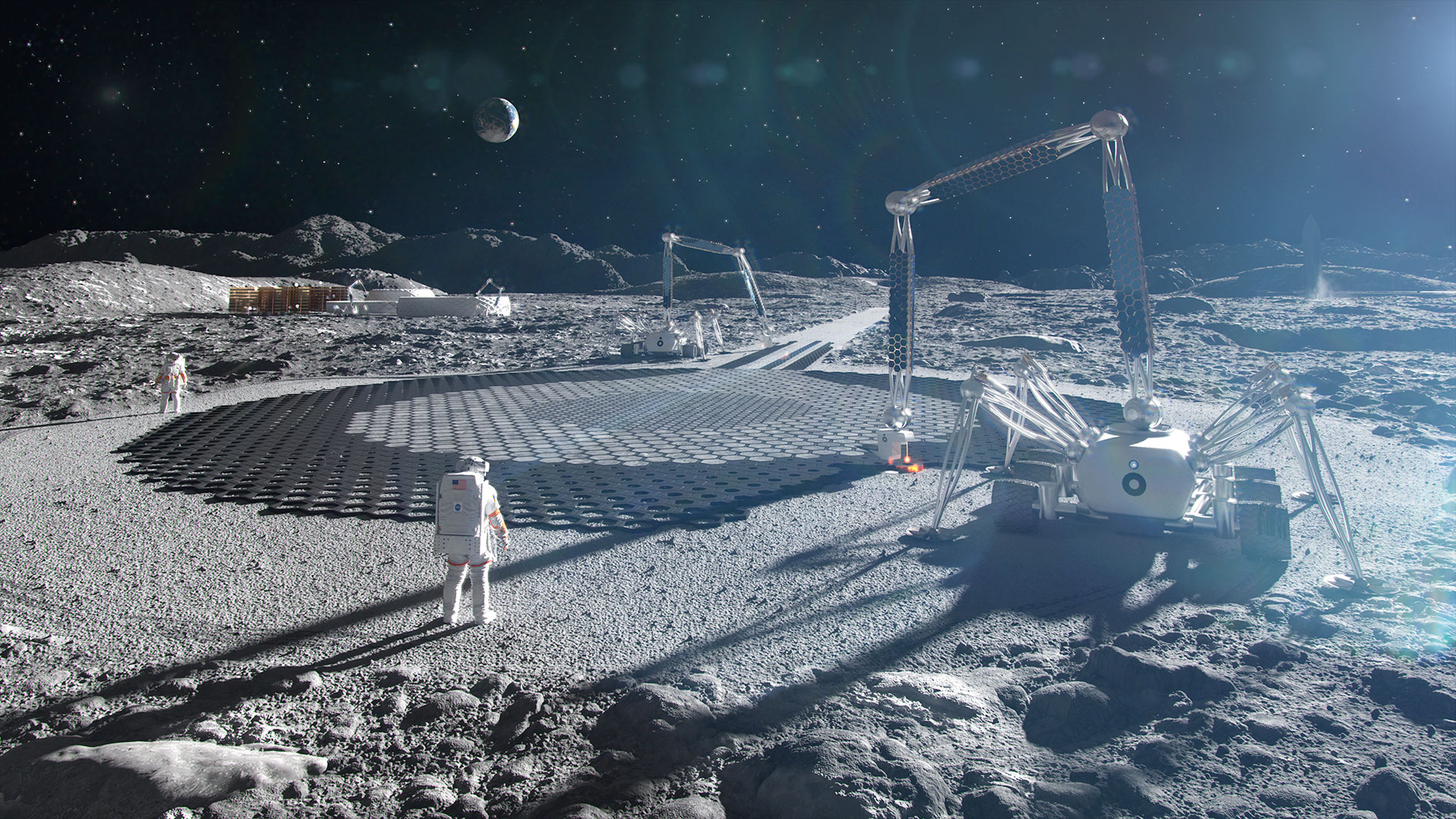 an artist's rendering of a NASA Artemis moon base with development underway.