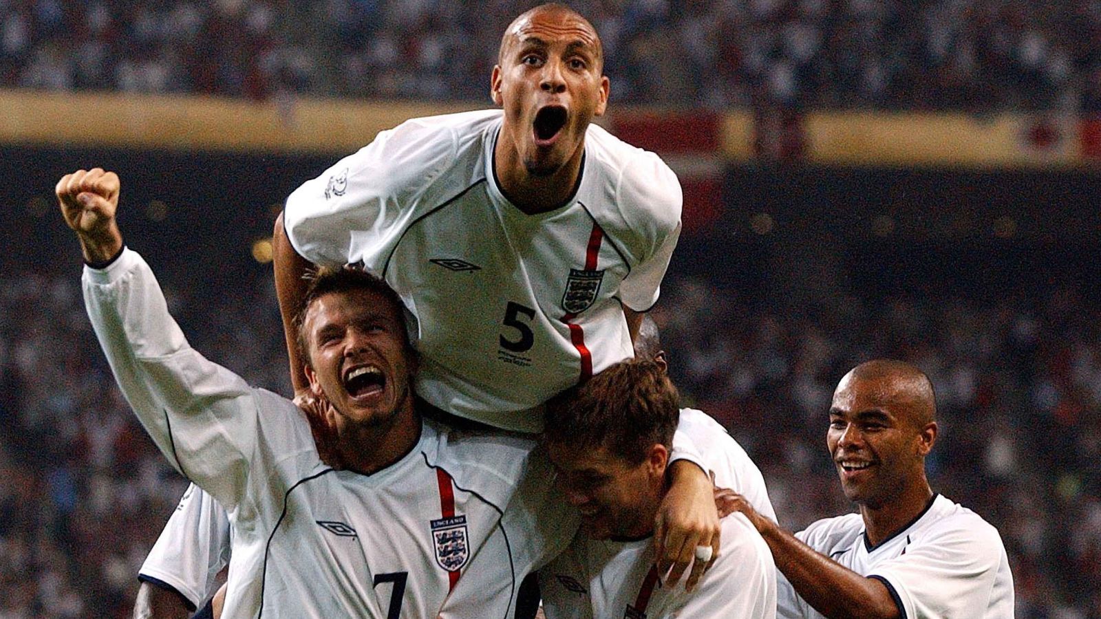 England players celebrate against Denmark at the 2002 World Cup