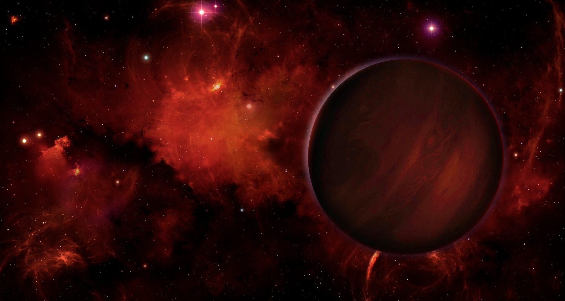 a striped red orb on a starry background
