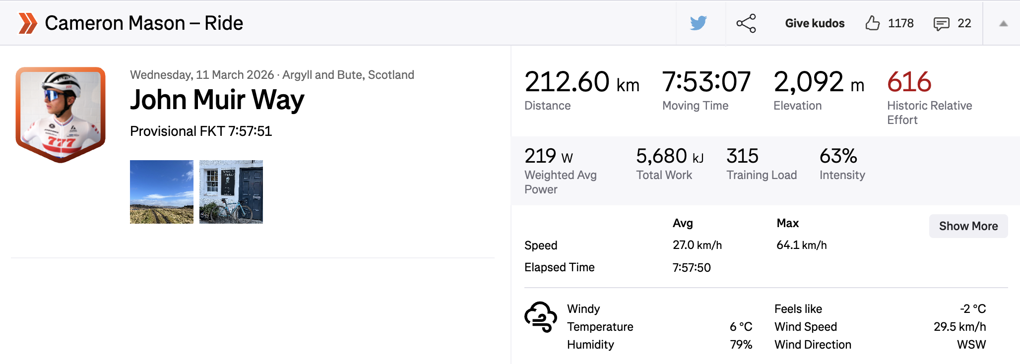 A screenshot of Cameron Mason's Strava upload for his John Muir Way ride