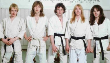 Iron Maiden posing for a photograph wearing Judo suits in 1981