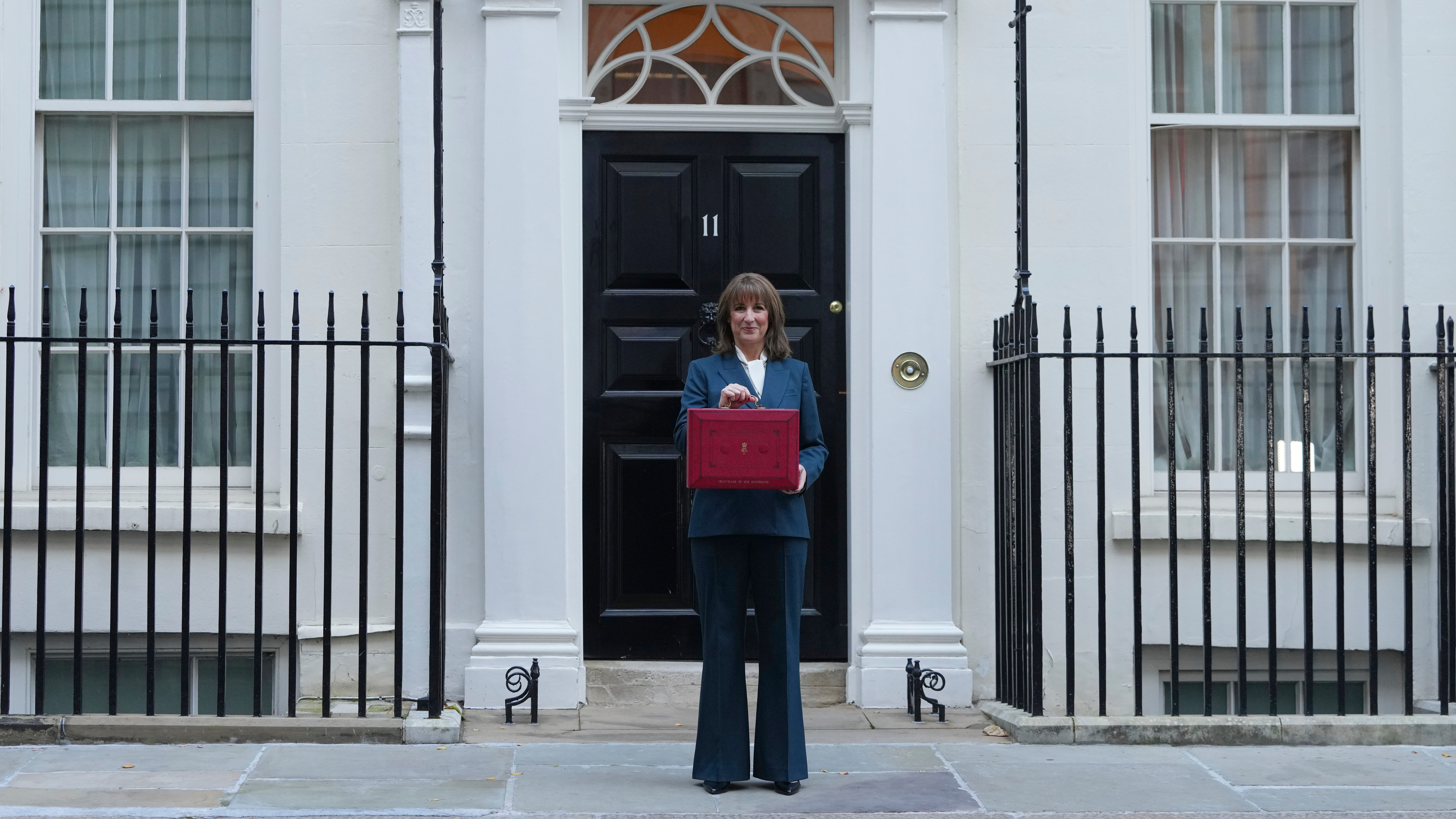 Britain's Chancellor of the Exchequer Rachel Reeves poses on the doorstep of 11 Downing Street with her ministerial red box before heading to the House of Commons to deliver her Budget speech in London, Wednesday, Nov. 26, 2025. (AP Photo/Kirsty Wigglesworth)