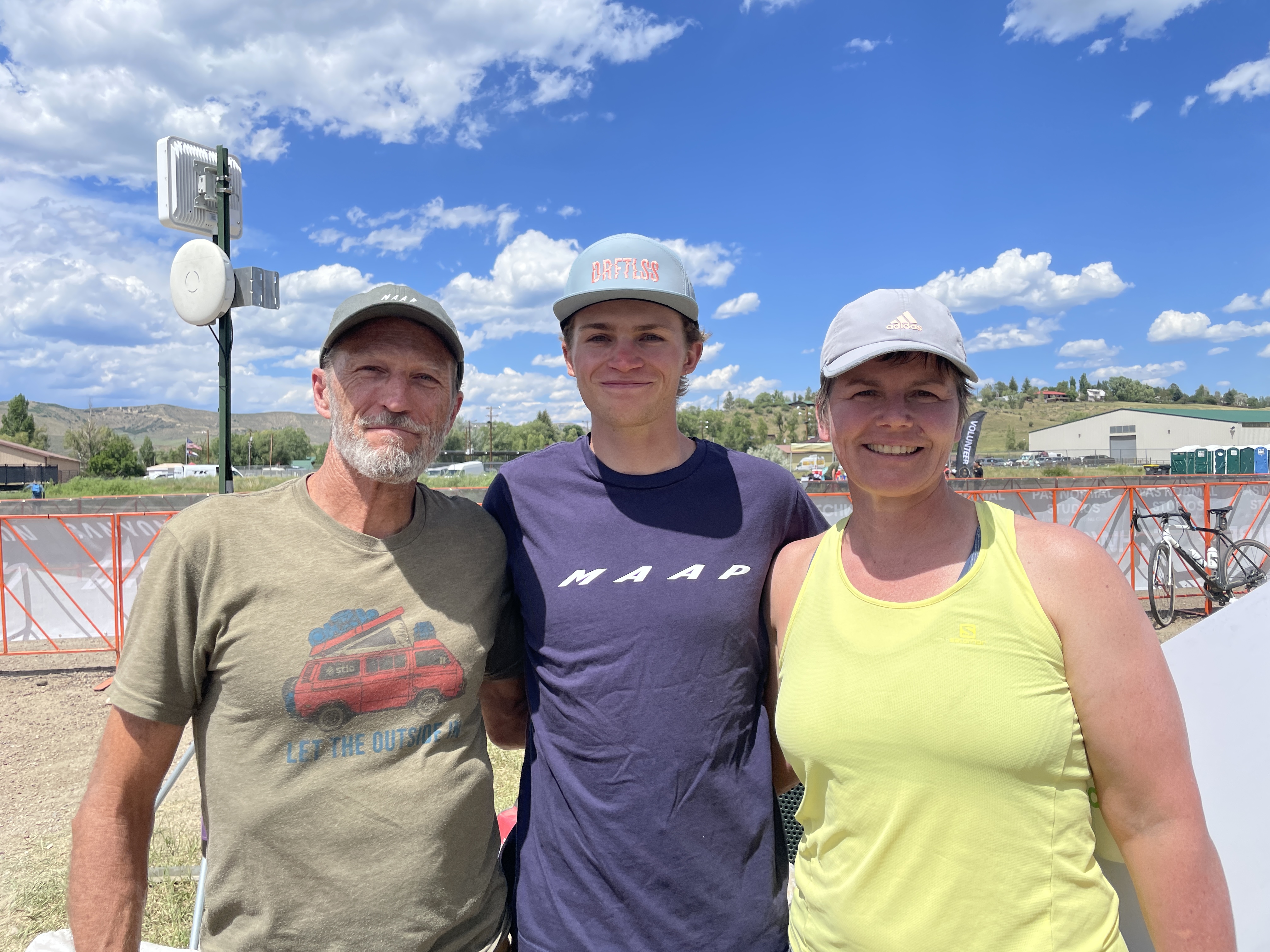 Cobe Freeburn with parents at 2025 SVT GRVL, where he finished third in the elite men's race as a 23-year-old