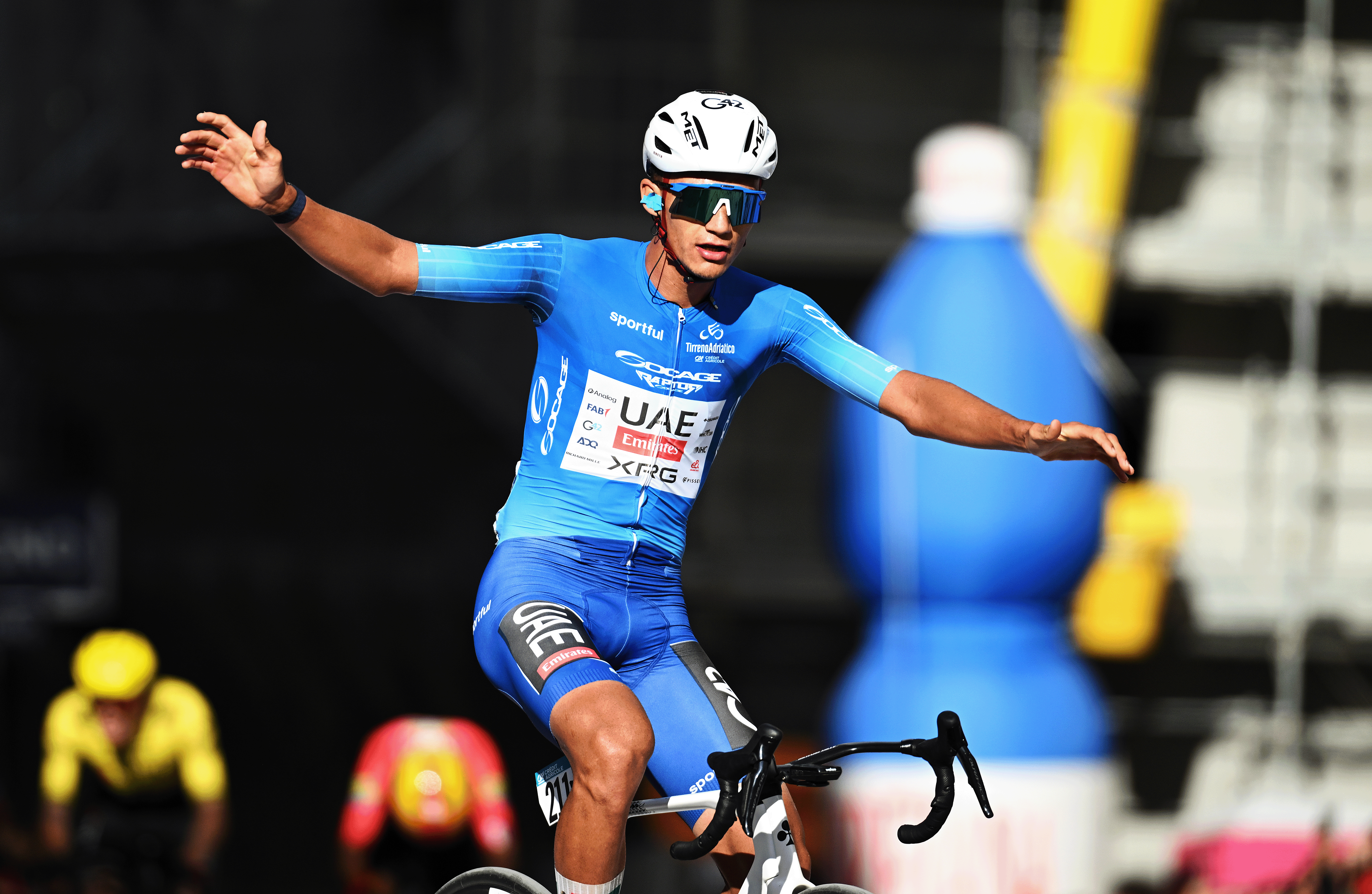 CAMERINO, ITALY - MARCH 14: Isaac Del Toro of Mexico and UAE Team Emirates - XRG - Blue Leader Jersey celebrates at finish line as stage winner during the 61st Tirreno-Adriatico 2026, Stage 6 a 188km stage from San Severino Marche to Camerino 656m / #UCIWT / on March 14, 2026 in San Severino Marche, Italy. (Photo by Tim de Waele/Getty Images)