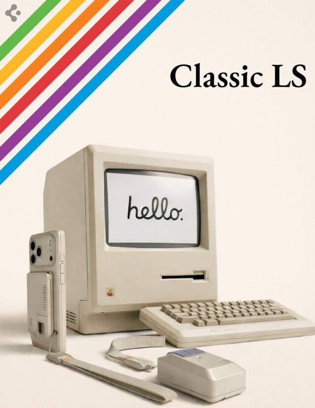 A vintage beige Macintosh computer with "hello." on the screen, an old camera, floppy disk, floppy disk drive, and a rainbow stripe in the top left corner, with "Classic LS" written on the right.