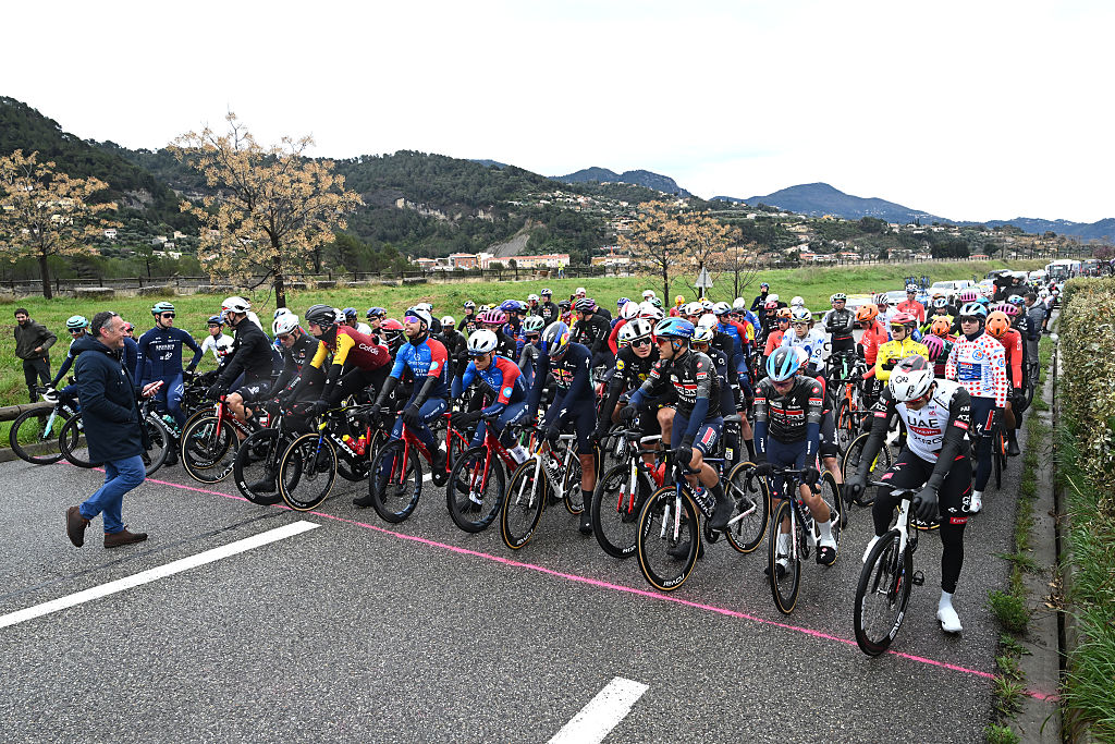 PONT LOUIS NUCERA, FRANCE - MARCH 14: A general view of the peloton prior to the 84th Paris-Nice 2026, Stage 7 a 47km stage from Pont Louis Nucera to Isola 855m / Stage shortened due to adverse weather conditions / #UCIWT / on March 14, 2026 in Pont Louis Nucera, France. (Photo by Szymon Gruchalski/Getty Images)