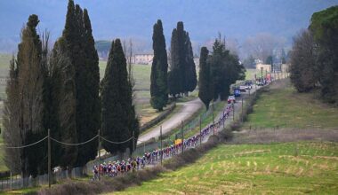 SIENA, ITALY - MARCH 07: A general view of the peloton prior to the 20th Strade Bianche 2026 a 203km one day race from Siena to Siena / #UCIWT / on March 07, 2026 in Siena, Italy. (Photo by Tim de Waele/Getty Images)