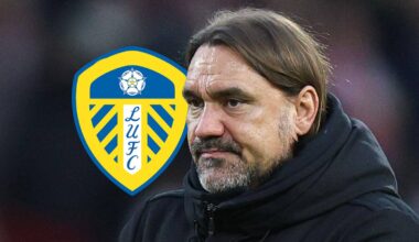 Leeds manager Daniel Farke next to the club crest