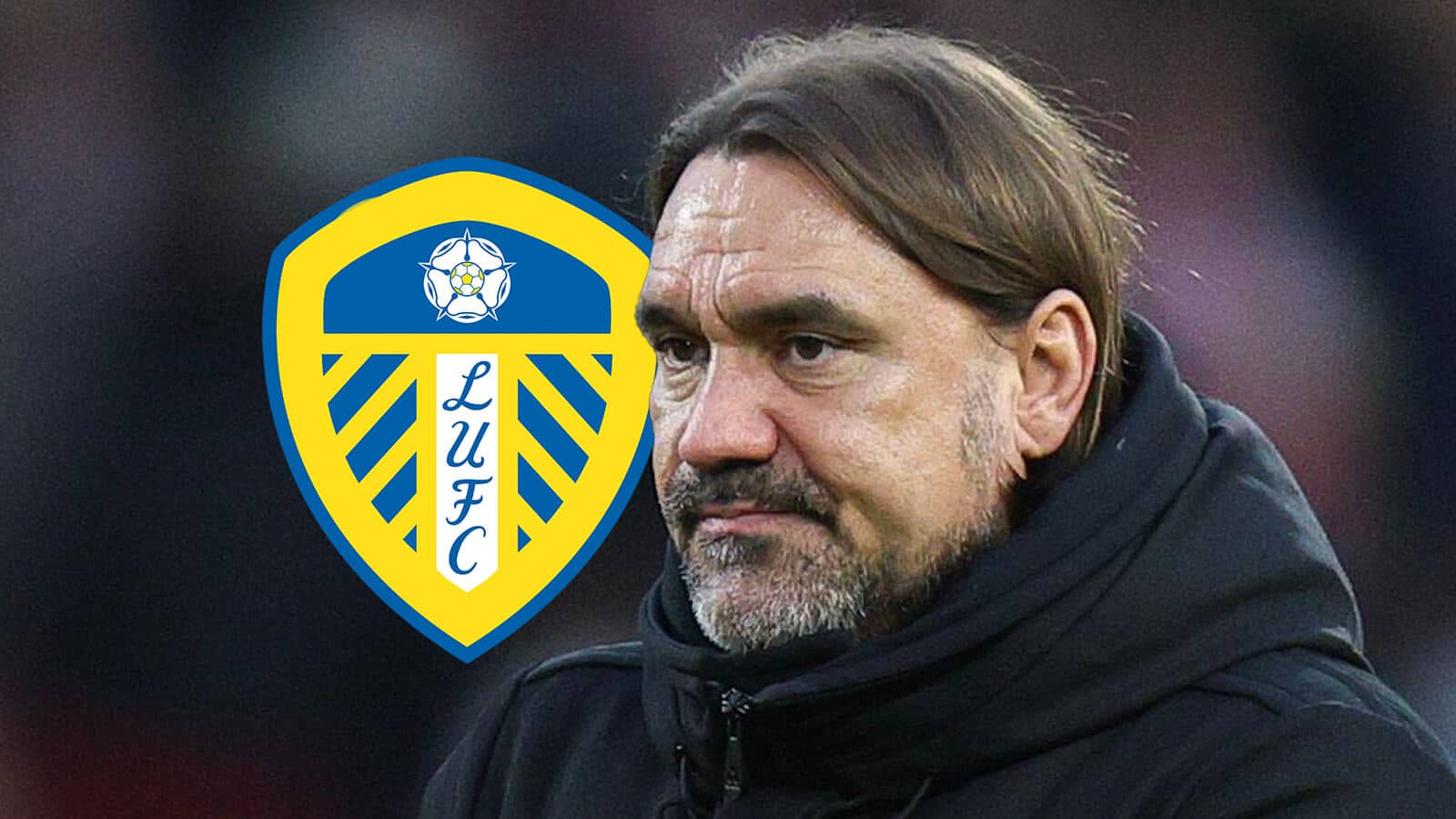 Leeds manager Daniel Farke next to the club crest