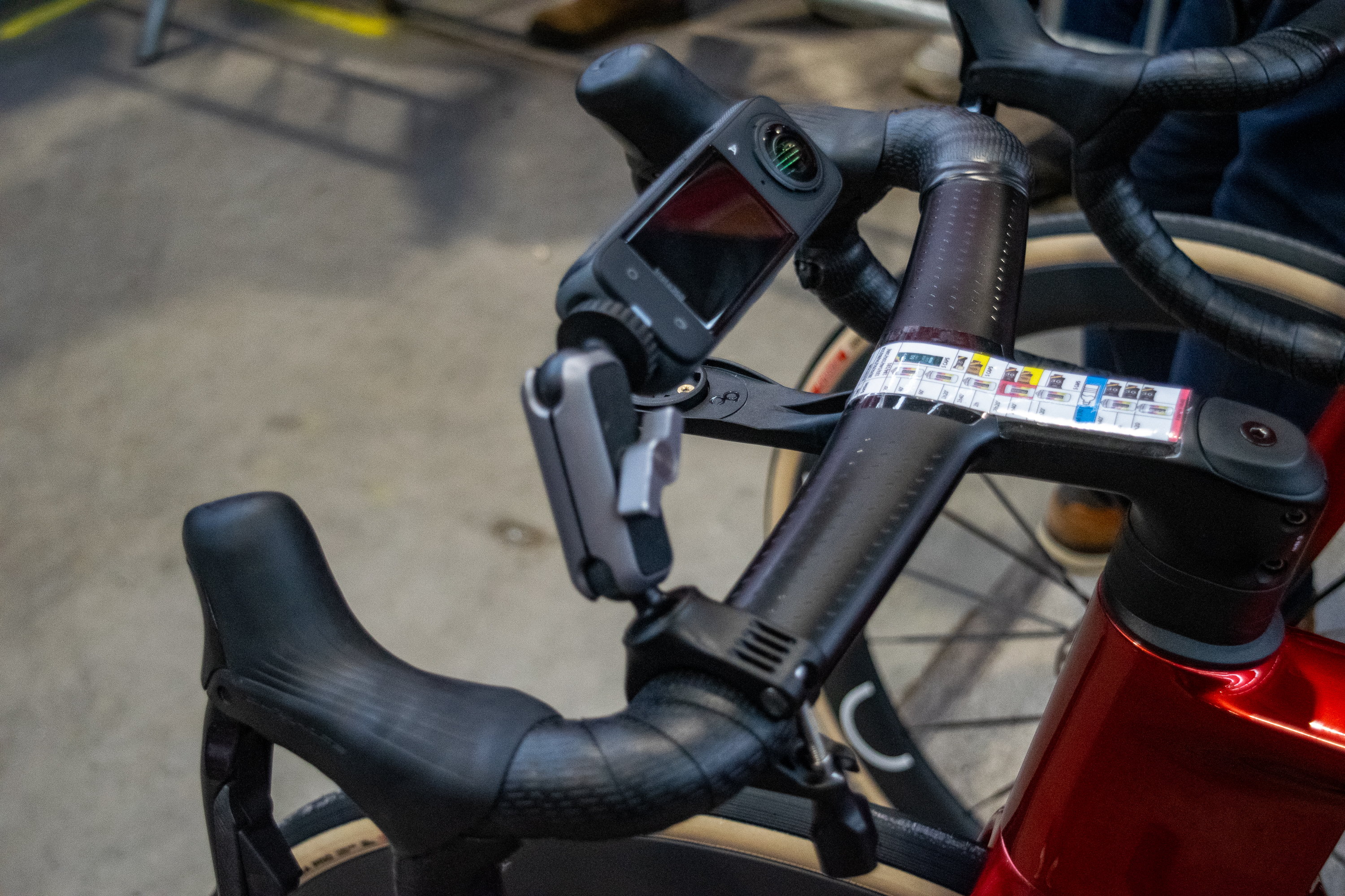 Closeup of De Lie's handlebars with a camera mounted on the left