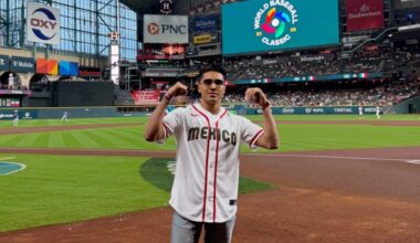 Emiliano Vargas wearing a Mexico jersey on the field at Daikin Park in Houston during the World Baseball Classic.