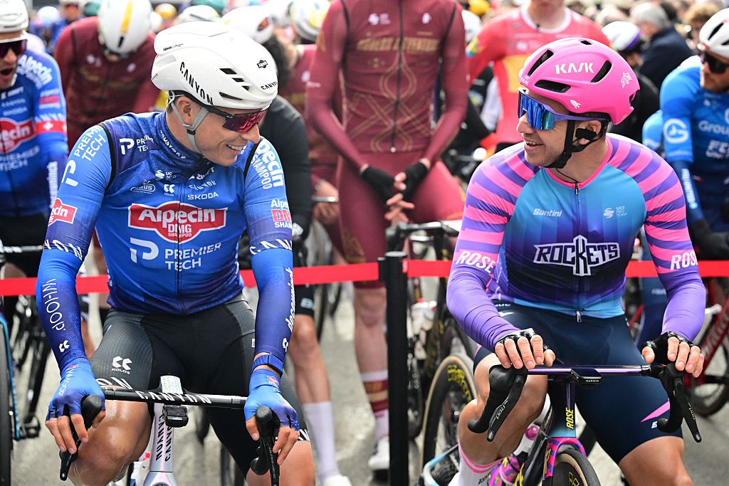 Belgium's Jasper Philipsen of Alpecin-Premier Tech and Netherlands' Dylan Groenewegen of Unibet Rose Rockets pictured at the start of the 78th edition of the men elite race of the Kuurne-Brussels-Kuurne one day cycling race, 195 km from Kuurne to Kuurne via Brussels, Sunday 01 March 2026. BELGA PHOTO DIRK WAEM (Photo by DIRK WAEM / BELGA MAG / Belga via AFP)