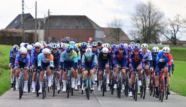 The pack of riders pictured in action during the 78th edition of the men elite race of the Kuurne-Brussels-Kuurne one day cycling race, 195 km from Kuurne to Kuurne via Brussels, Sunday 01 March 2026. BELGA PHOTO DIRK WAEM (Photo by DIRK WAEM / BELGA MAG / Belga via AFP)
