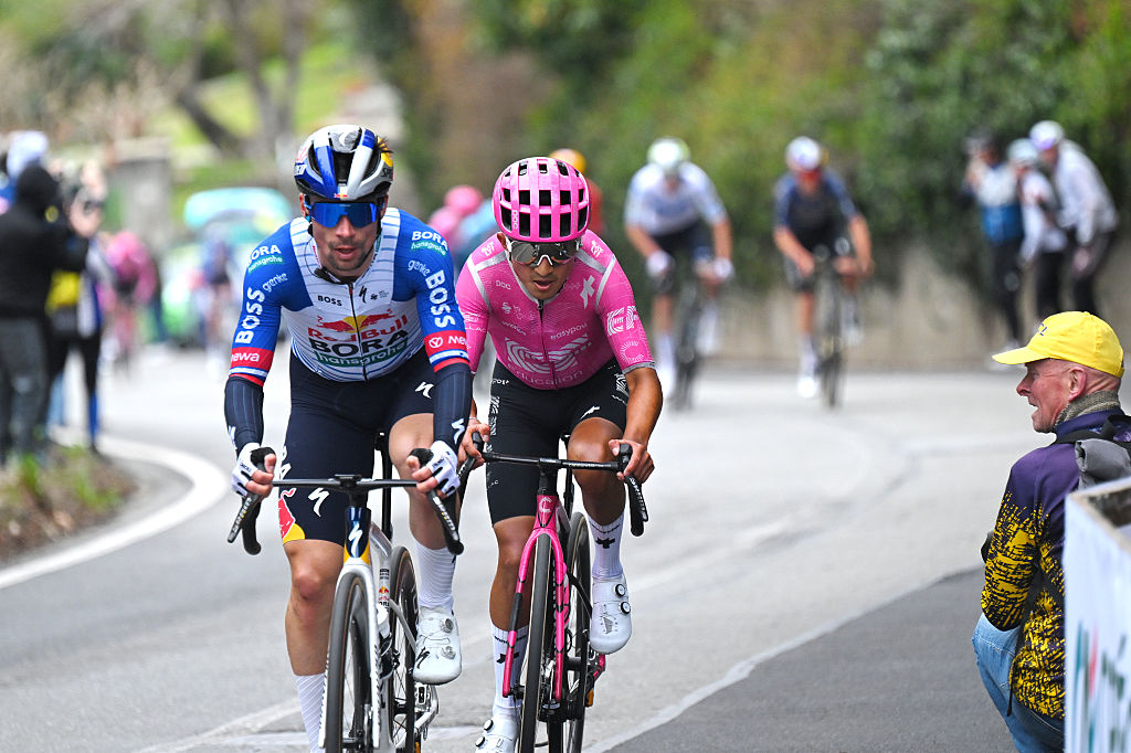 TURIN, ITALY - MARCH 18: (L-R) Primoz Roglic of Slovenia and Team Red Bull - BORA - hansgrohe and Jefferson Alexander Cepeda of Ecuador and Team EF Education - EasyPost compete in the breakaway during the 106th Milano-Torino 2026 a 174km one day race from Rho to Turin - Superga 670m / #UCIWT / on March 18, 2026 in Turin, Italy. (Photo by Tim de Waele/Getty Images)