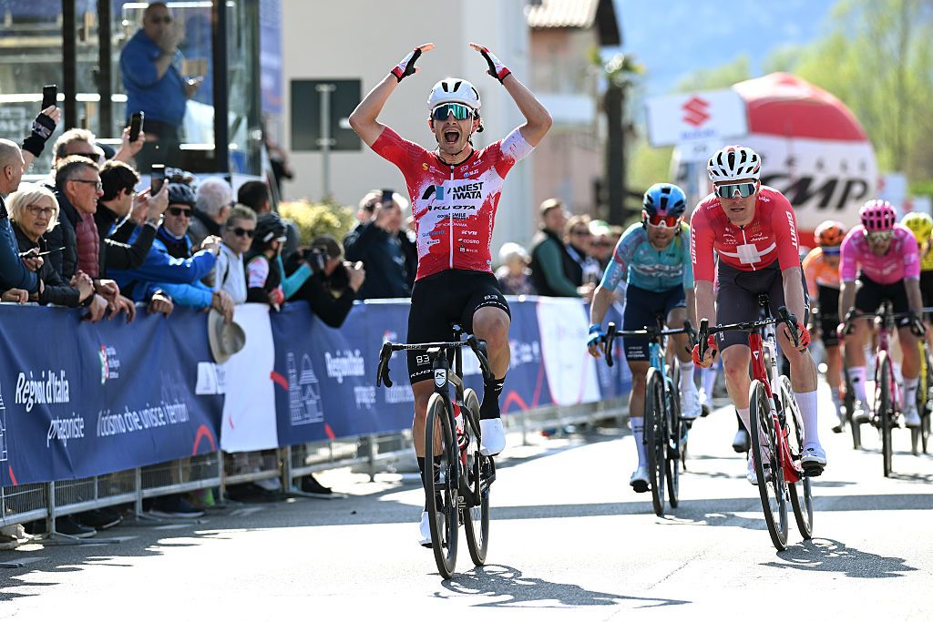 ISEO, ITALY - MARCH 27: (L-R) Tommaso Dati of Italy and Team Ukyo celebrates at finish line as stage winner ahead of Mauro Schmid of Switzerland and Team Jayco AlUla during the 41st Settimana Internazionale Coppi e Bartali 2026, Stage 3 a 175.5km stage from Erbusco to Iseo on March 27, 2026 in Iseo, Italy. (Photo by Dario Belingheri/Getty Images)