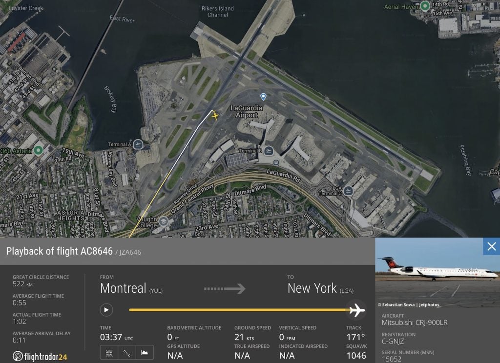 The FlightRadar imaging showing the Air Canada flight landing