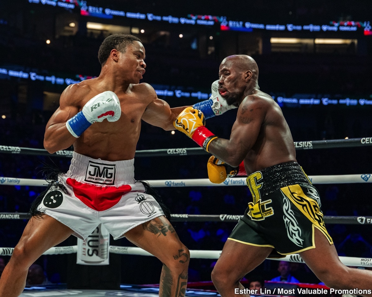 Floyd Schofield Jr. lands a left hand on Tevin Farmer during their lightweight bout on June 28, 2025, at the Honda Center in Anaheim, California.