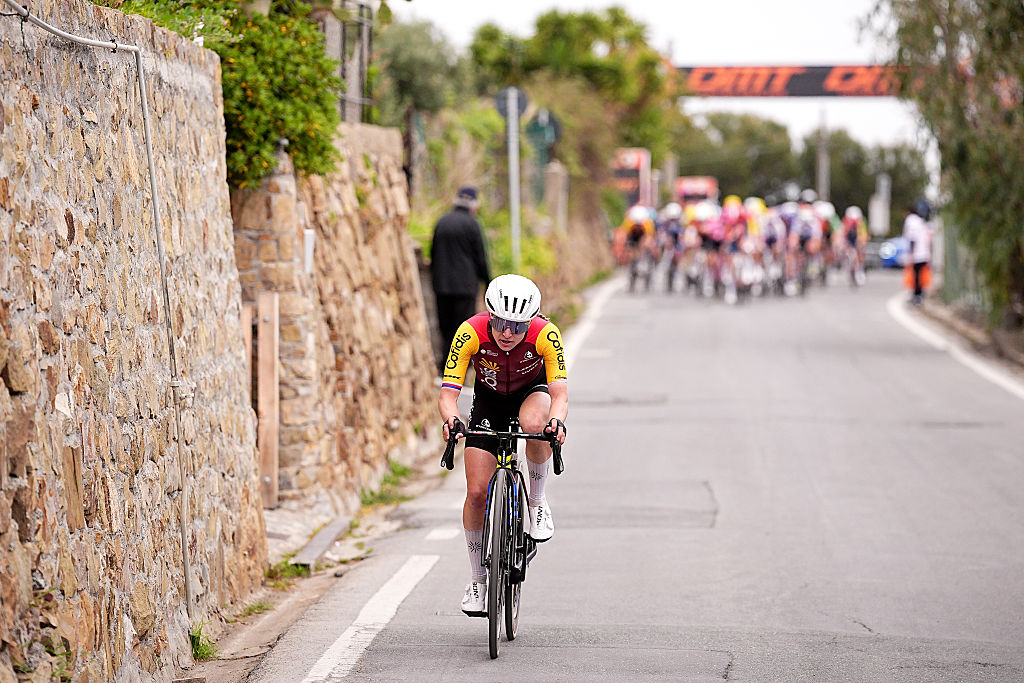 SANREMO, ITALY - MARCH 21: Nikola Noskova of Czech Republic and Team Cofidis Women competes during the 8th Milano-Sanremo Donne 2026, Women&amp;apos;s Elite a 156km one day race from Genova to Sanremo / #UCIWWT / on March 21, 2026 in Sanremo, Italy. (Photo by Marco Alpozzi - Pool/Getty Images)