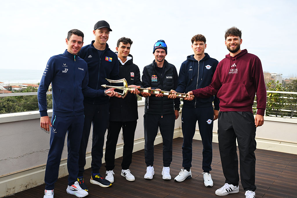 CAMOIRE, ITALY - MARCH 08: (L-R) Antonio Tiberi of Italy and Team Bahrain - Victorious, Jonathan Milan of Italy and Team Lidl - Trek, Isaac Del Toro of Mexico and UAE Team Emirates - XRG, Primoz Roglic of Slovenia and Team Red Bull Bora Hansgrohe, Paul Magnier of France and Team Soudal Quick-Step and Filippo Ganna of Italy and Team INEOS Grenadiers during the Top Riders Press Conference prior to the 61st Tirreno-Adriatico 2026 / #UCIWT / on March 08, 2026 in Camaiore, Italy. (Photo by Tim de Waele/Getty Images)