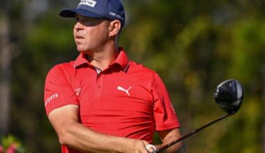 Gary Woodland looks on after hitting his tee shot on the second hole during the final round of the PNC Championship golf tournament, Dec. 21, 2025, in Orlando, Fla. (AP Photo/Phelan M. Ebenhack)