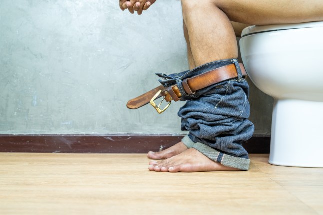 Nude Picture, Man sitting on toilet bowl in the toilet, constipation concept.