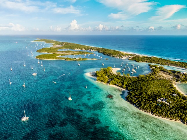 Aerial view of Chat'n'chill Conch bar in Stocking Island in the Caribbean.
