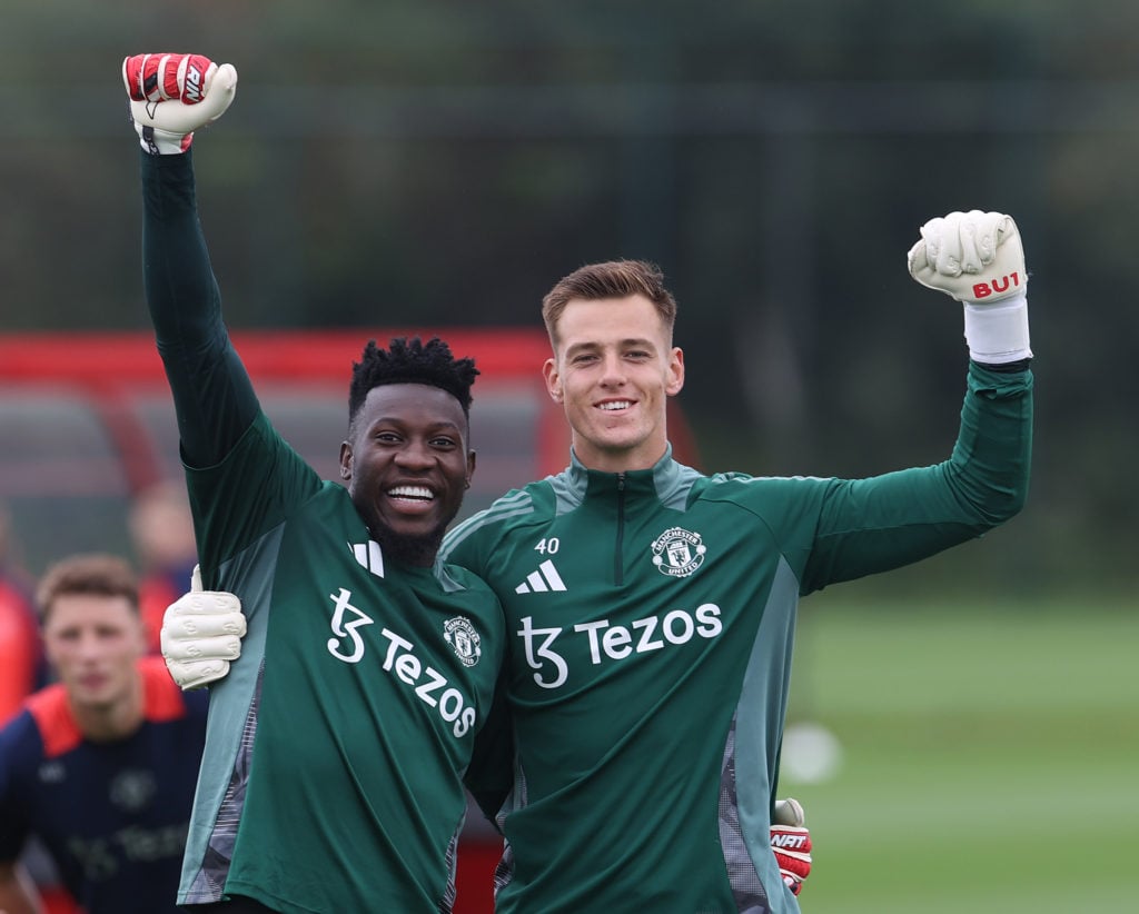 Andre Onana, Radek Vitek of Manchester United in action during a first team training session at Carrington Training Ground on July 11, 2024