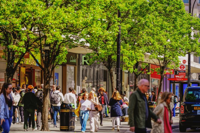 Oxford Street View, Springtime Green-Leaved Trees Pavement, Pedestrians, Central London