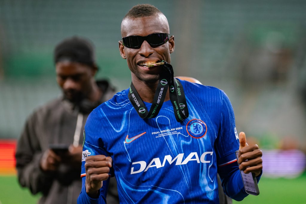 Nicolas Jackson of Chelsea celebrates with gold medal after Conference League final vs Real Betis