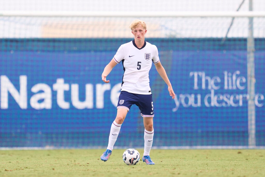 Airidas Golambeckis of England U19 with the ball during the Men's U19 International match between England and Netherlands