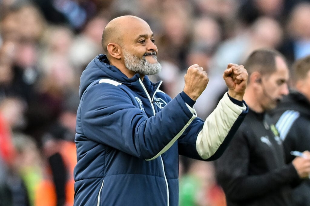 Nuno Espirito Santo celebrates after West Ham score against Newcastle United in the Premier League.
