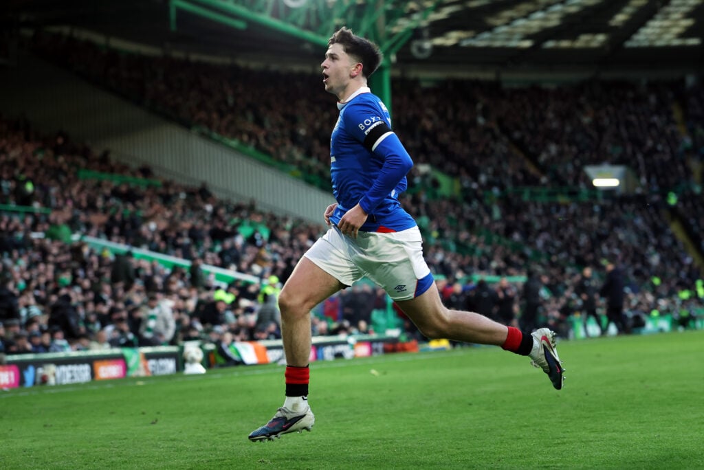 Mikey Moore celebrates a goal for Rangers.