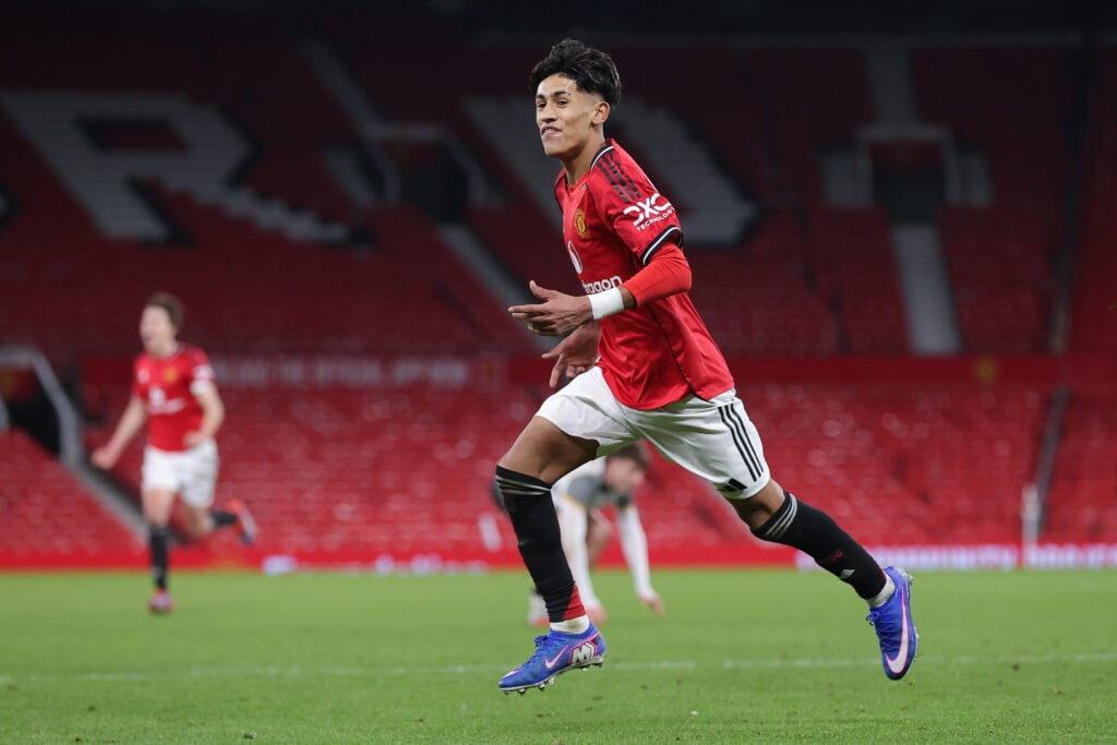 JJ Gabriel celebrates scoring at Old Trafford in FA Youth Cup game