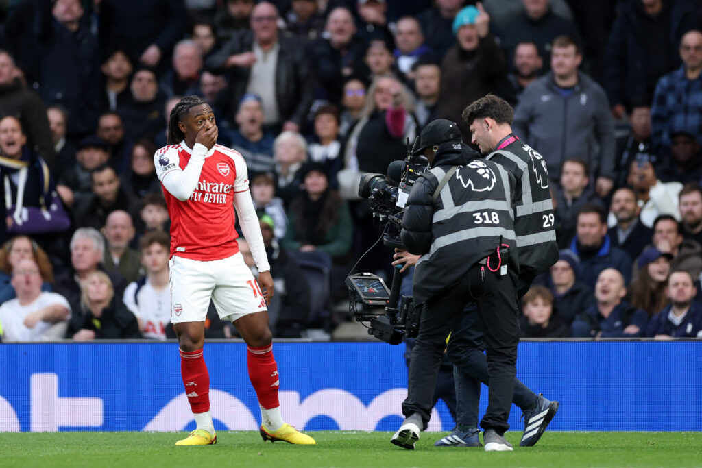 LONDON, ENGLAND - FEBRUARY 22: Eberechi Eze of Arsenal celebrates scoring his team's first goal during the Premier League match between Tottenham Hotspur and Arsenal at Tottenham Hotspur Stadium on February 22, 2026 in London, England. (Photo by Justin Setterfield/Getty Images)