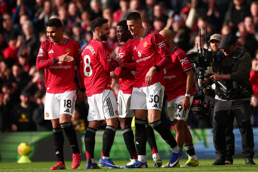 Benjamin Sesko celebrates with Bruno Fernandes after he scored in Manchester United’s 2-1 Premier League win over Crystal Palace at Old Trafford.